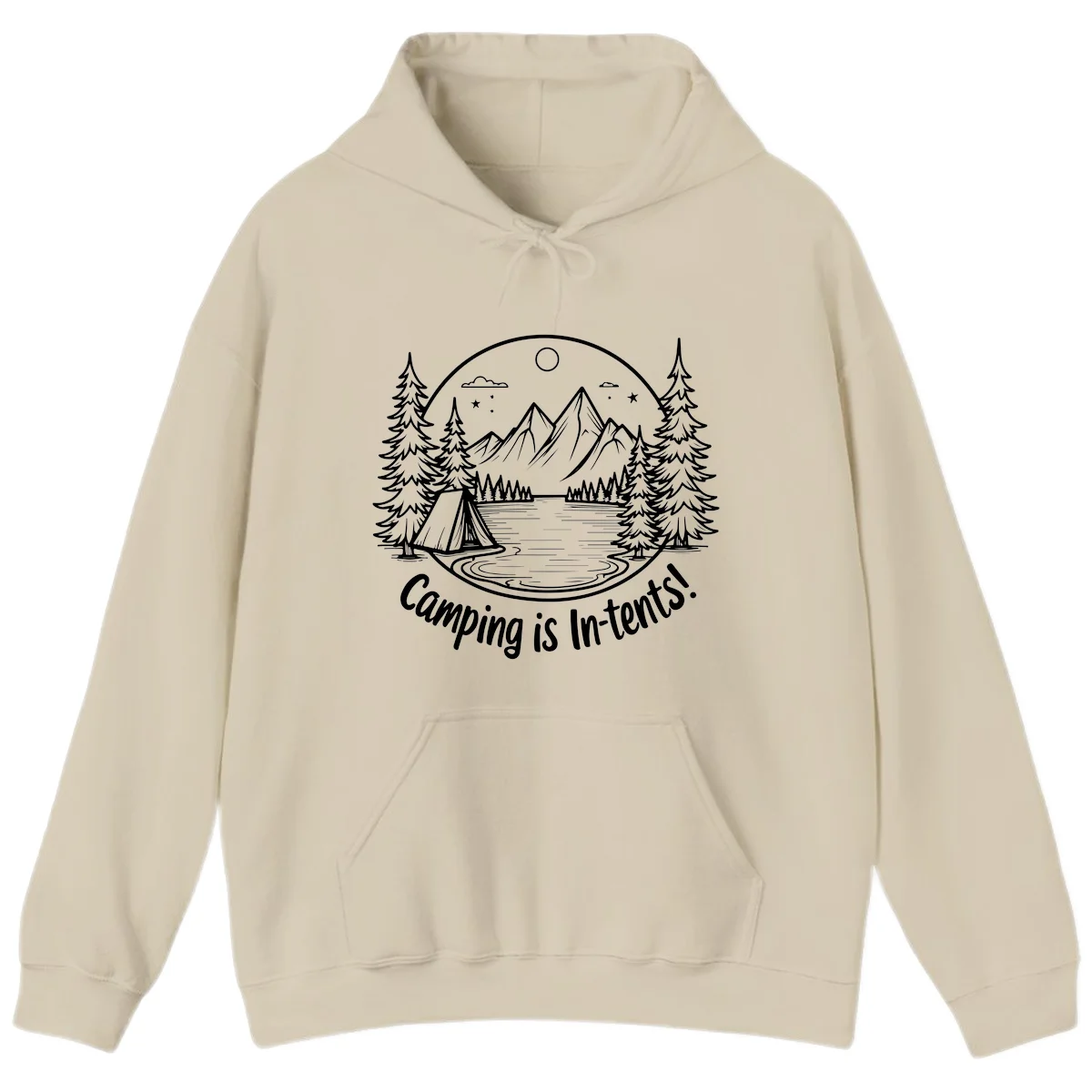 Camping is in-tents pun design: A circular badge with a tent by a lake surrounded by mountains, evergreens, and stars. in Sand