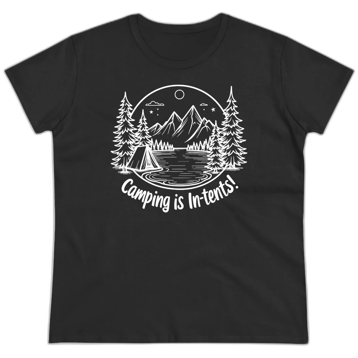 Camping is in-tents pun design: A circular badge with a tent by a lake surrounded by mountains, evergreens, and stars. in Black