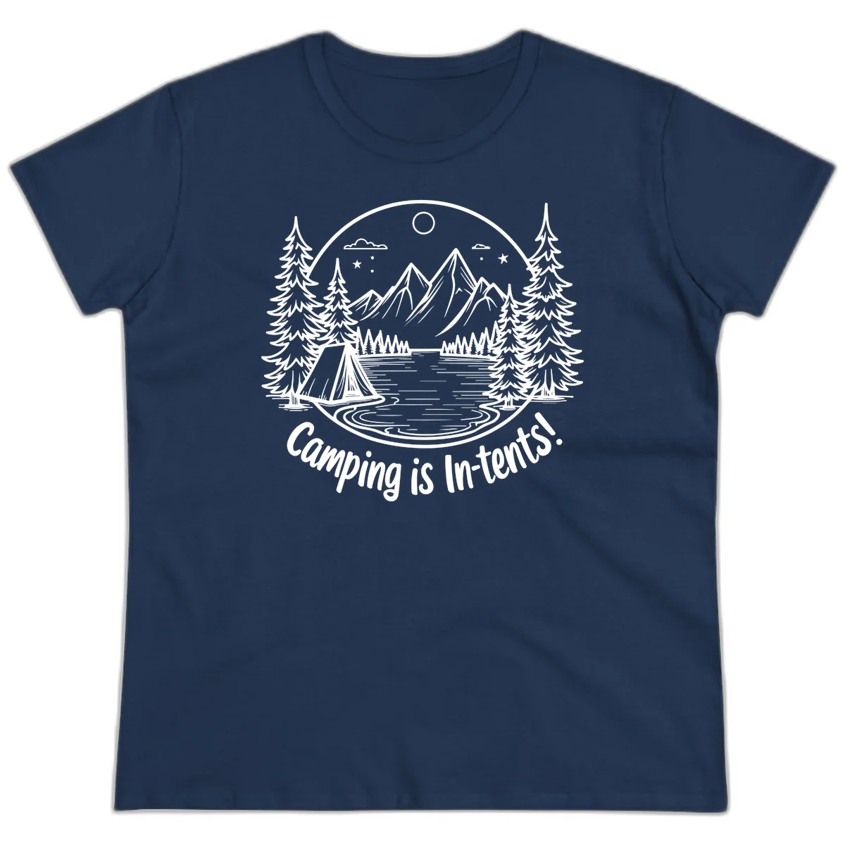 Camping is in-tents pun design: A circular badge with a tent by a lake surrounded by mountains, evergreens, and stars. in Navy