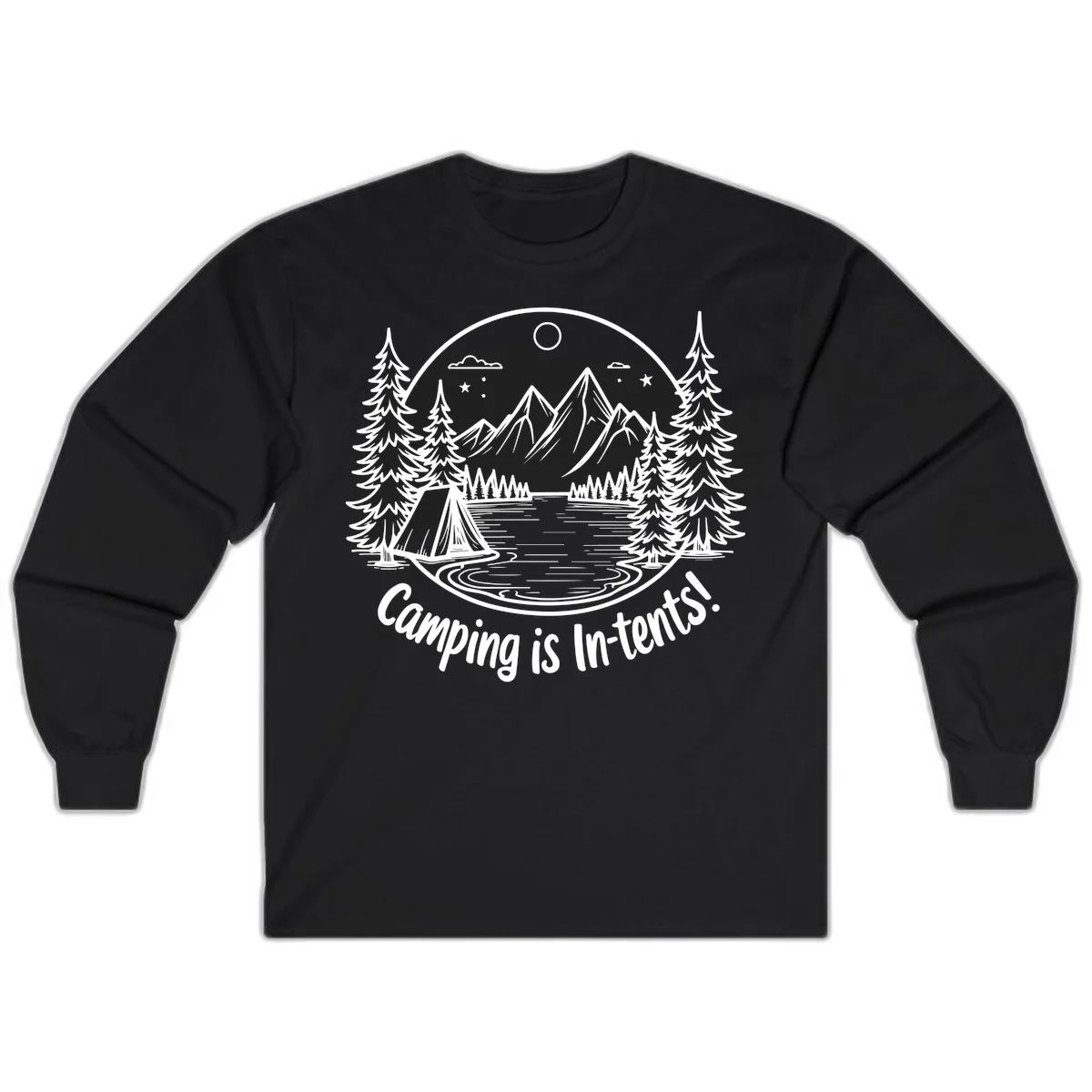 Camping is in-tents pun design: A circular badge with a tent by a lake surrounded by mountains, evergreens, and stars. in Black