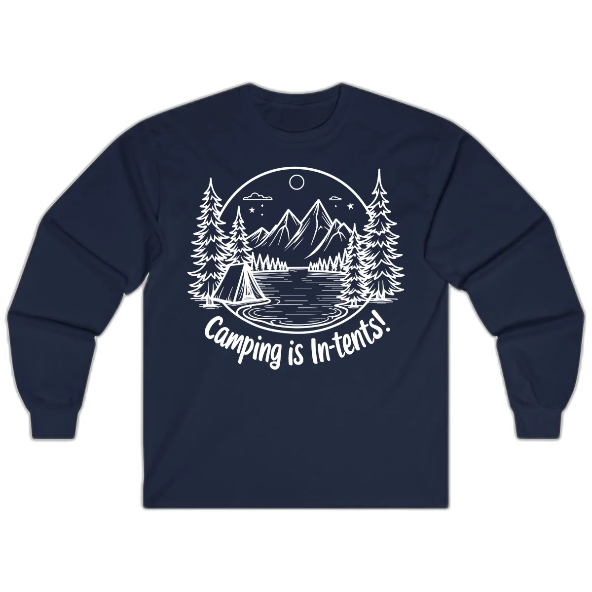 Camping is in-tents pun design: A circular badge with a tent by a lake surrounded by mountains, evergreens, and stars. in Navy