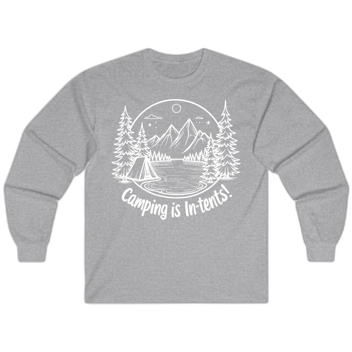 Camping is in-tents pun design: A circular badge with a tent by a lake surrounded by mountains, evergreens, and stars. in Sport Grey