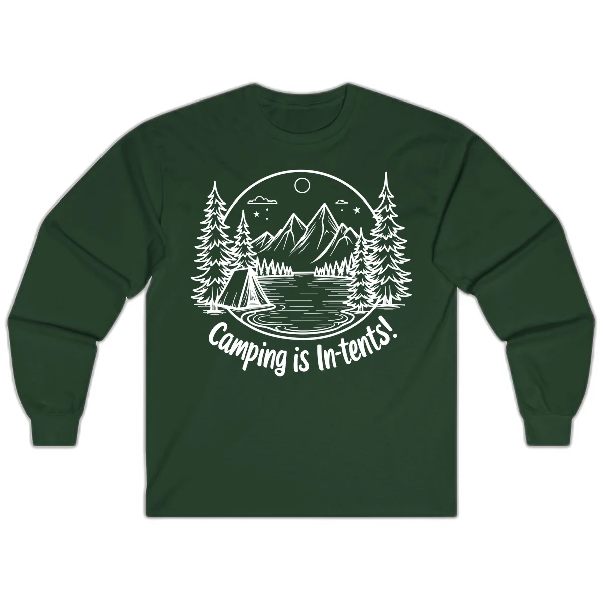 Camping is in-tents pun design: A circular badge with a tent by a lake surrounded by mountains, evergreens, and stars. in Forest Green