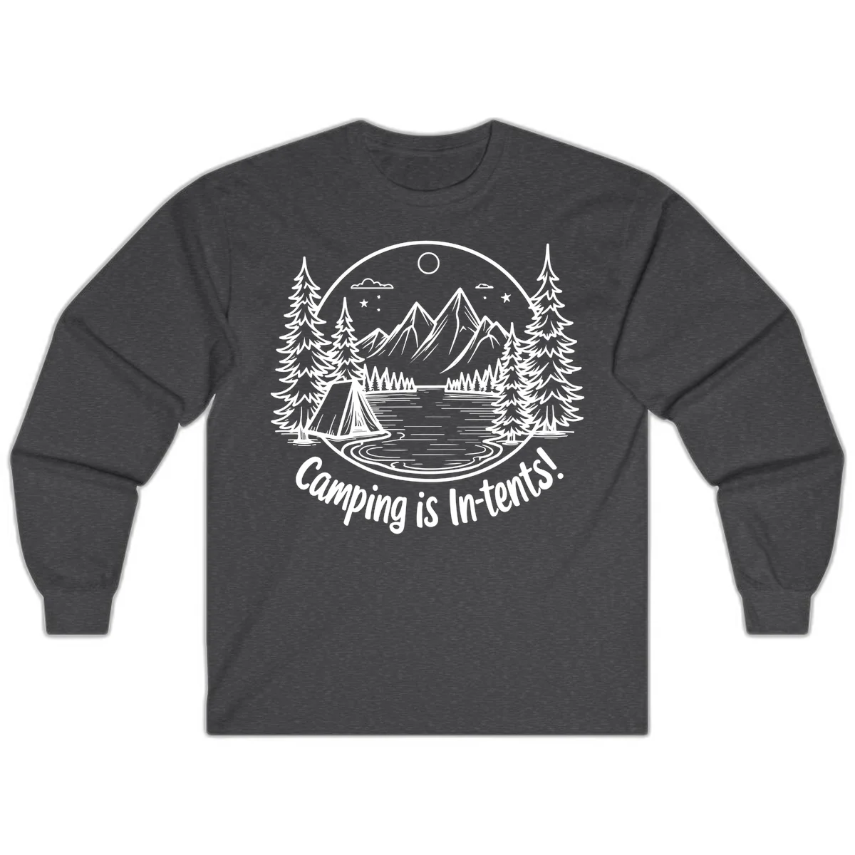 Camping is in-tents pun design: A circular badge with a tent by a lake surrounded by mountains, evergreens, and stars. in Dark Heather