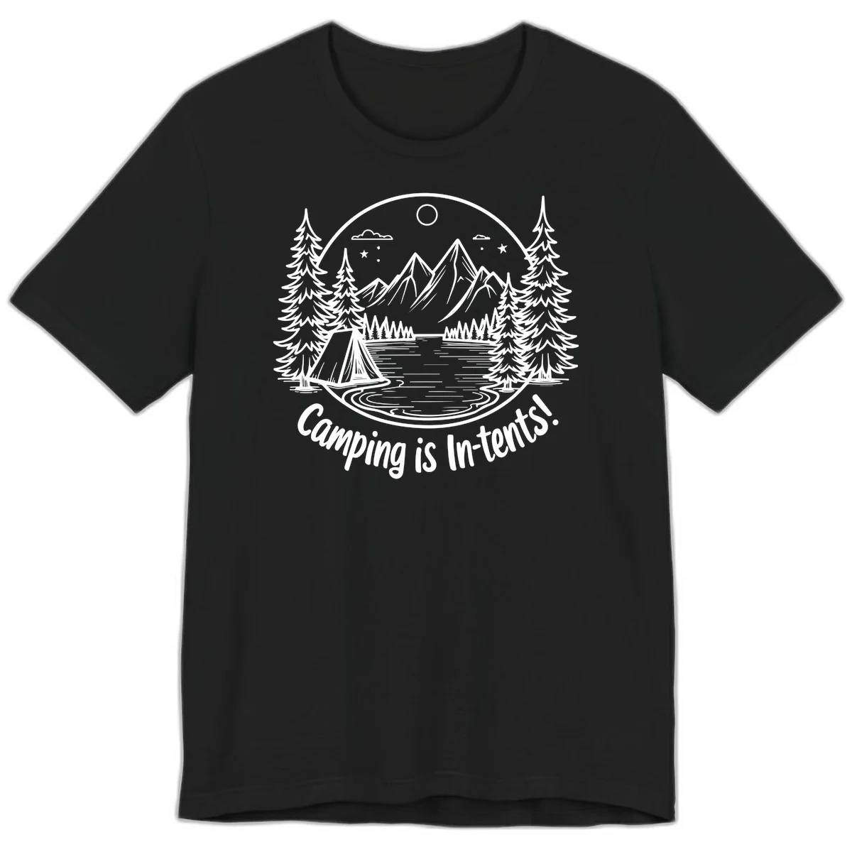 Camping is in-tents pun design: A circular badge with a tent by a lake surrounded by mountains, evergreens, and stars. in Black