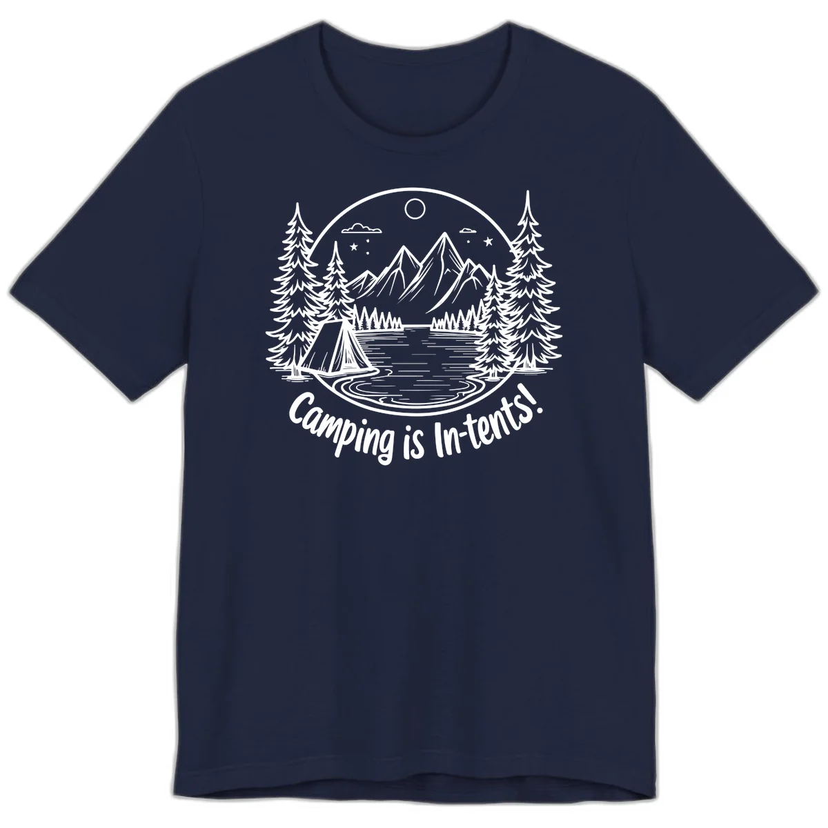 Camping is in-tents pun design: A circular badge with a tent by a lake surrounded by mountains, evergreens, and stars. in Navy
