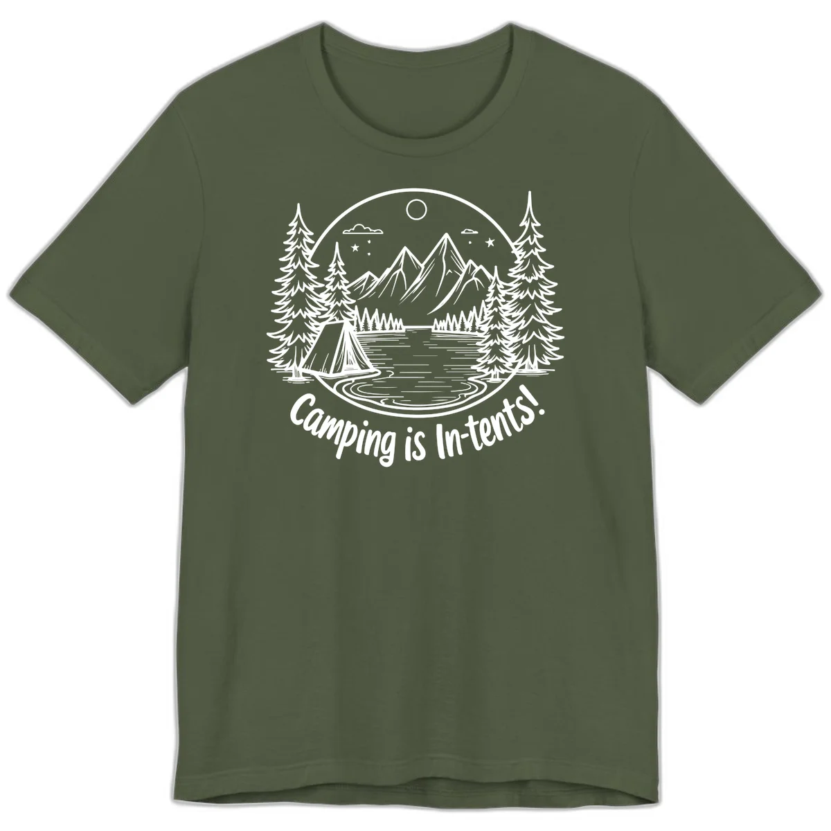Camping is in-tents pun design: A circular badge with a tent by a lake surrounded by mountains, evergreens, and stars. in Military Green