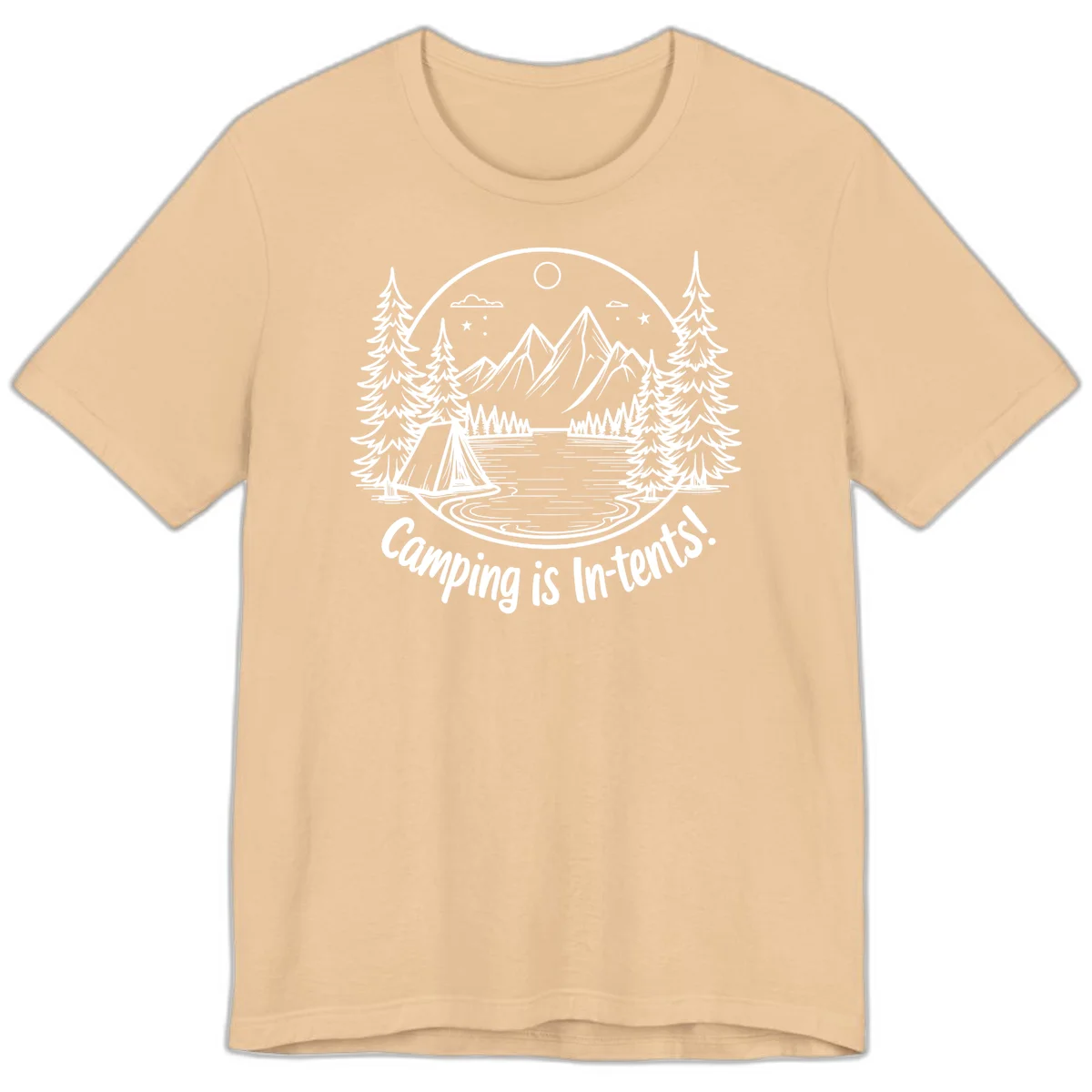 Camping is in-tents pun design: A circular badge with a tent by a lake surrounded by mountains, evergreens, and stars. in Sand Dune