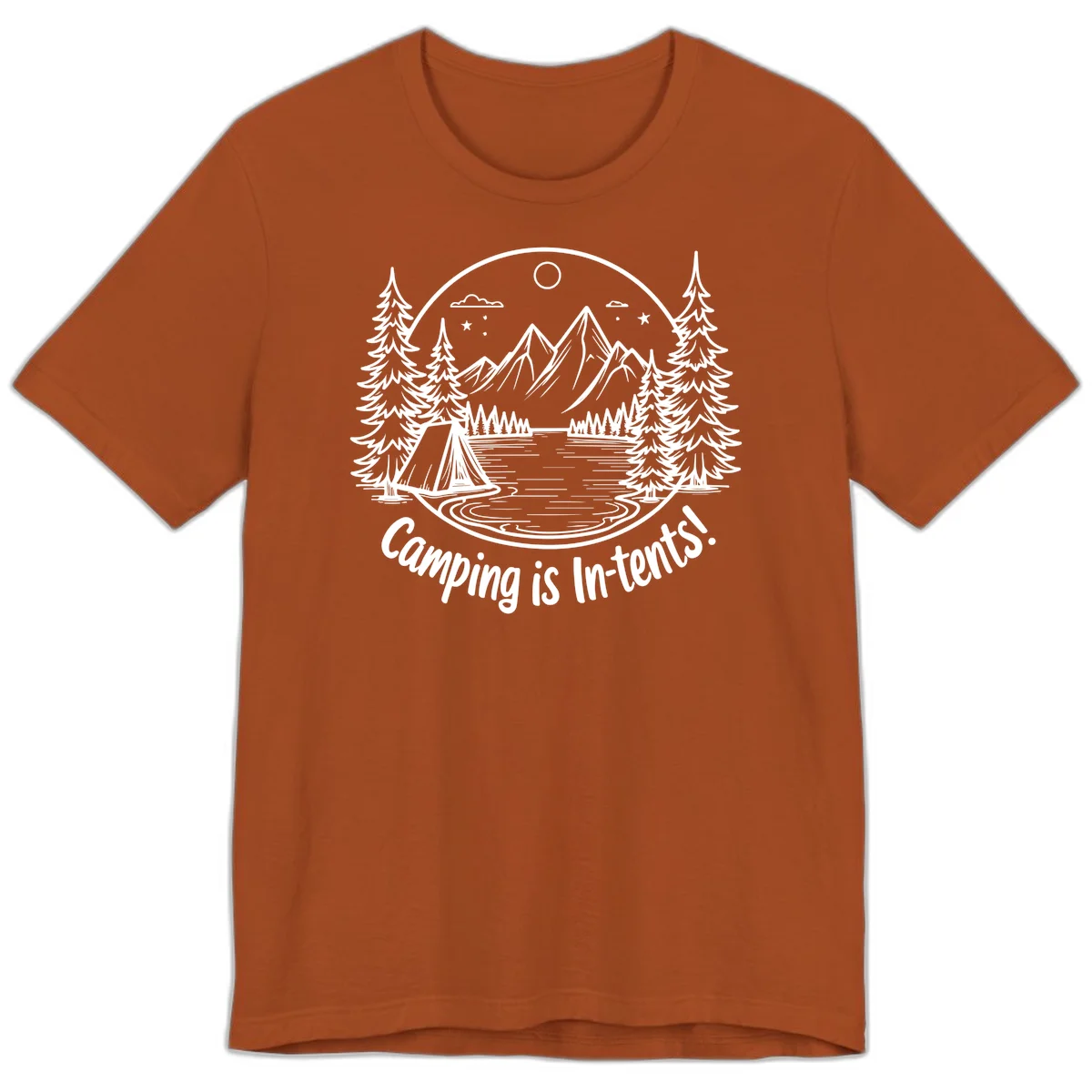 Camping is in-tents pun design: A circular badge with a tent by a lake surrounded by mountains, evergreens, and stars. in Autumn