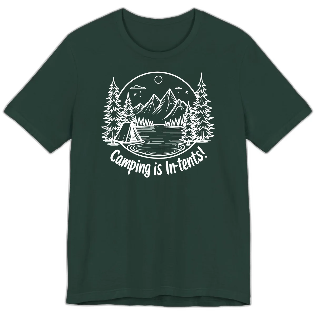 Camping is in-tents pun design: A circular badge with a tent by a lake surrounded by mountains, evergreens, and stars. in Forest