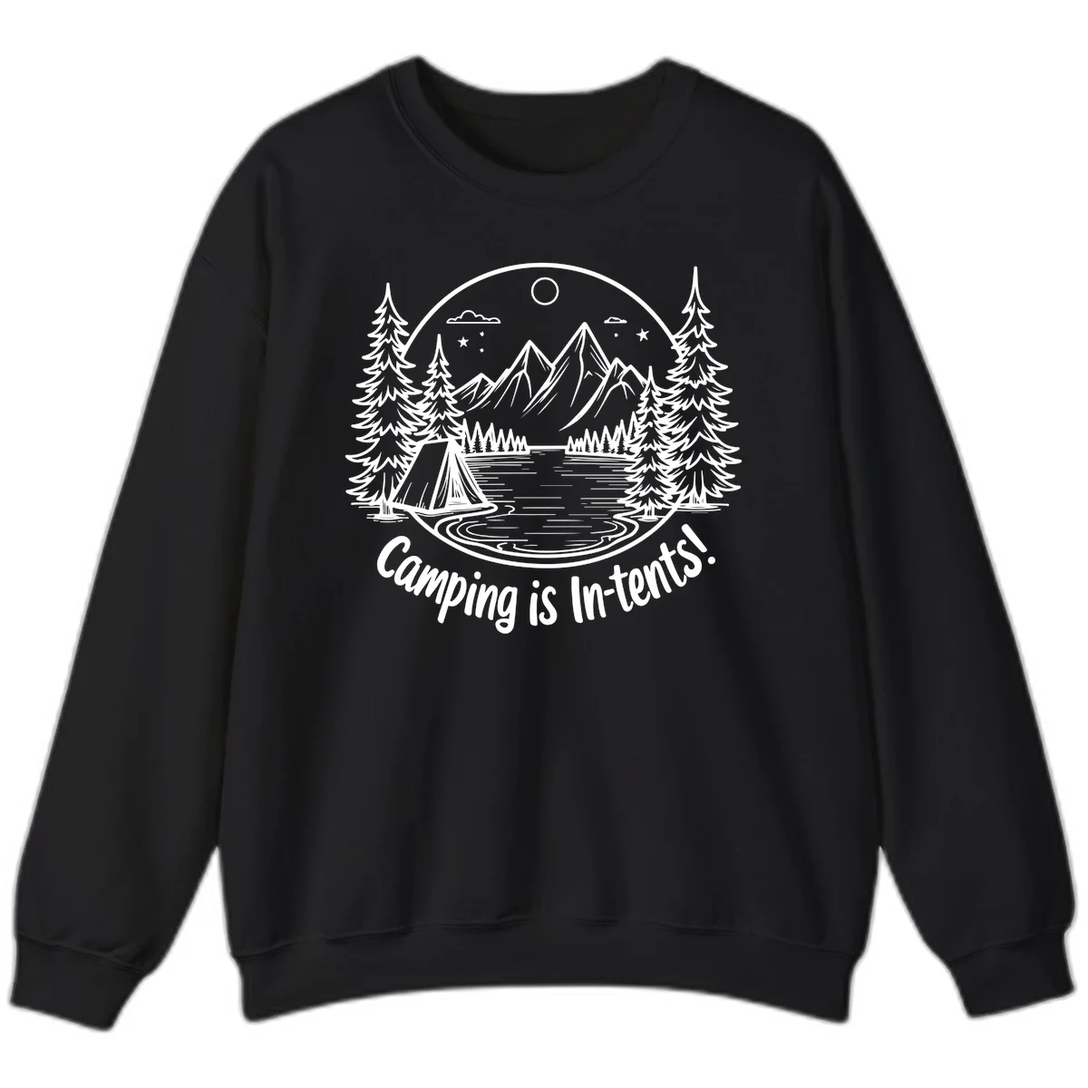 Camping is in-tents pun design: A circular badge with a tent by a lake surrounded by mountains, evergreens, and stars. in Black