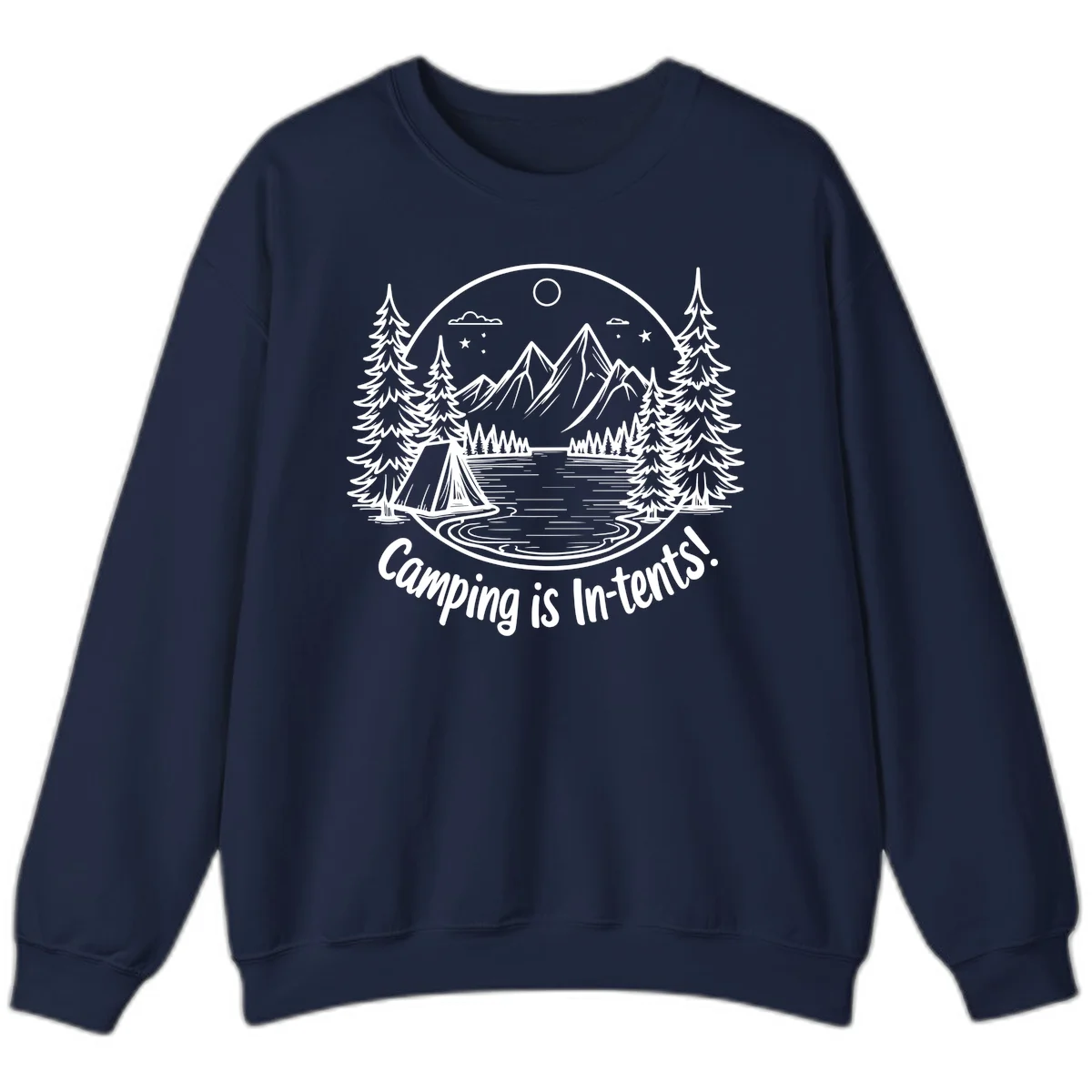 Camping is in-tents pun design: A circular badge with a tent by a lake surrounded by mountains, evergreens, and stars. in Navy