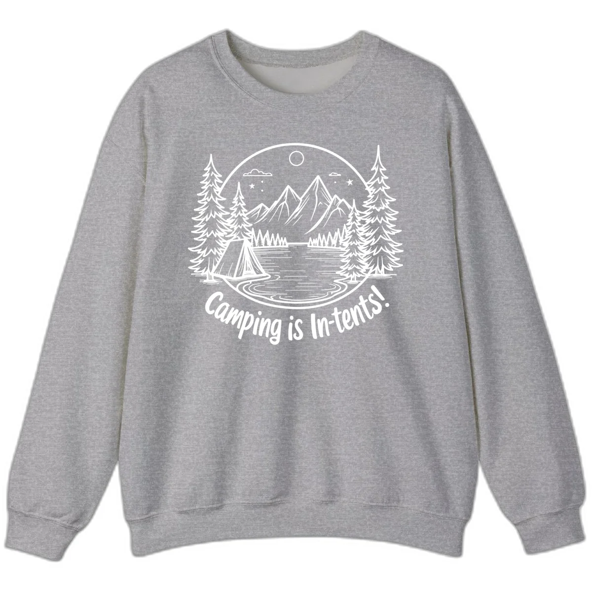 Camping is in-tents pun design: A circular badge with a tent by a lake surrounded by mountains, evergreens, and stars. in Sport Grey