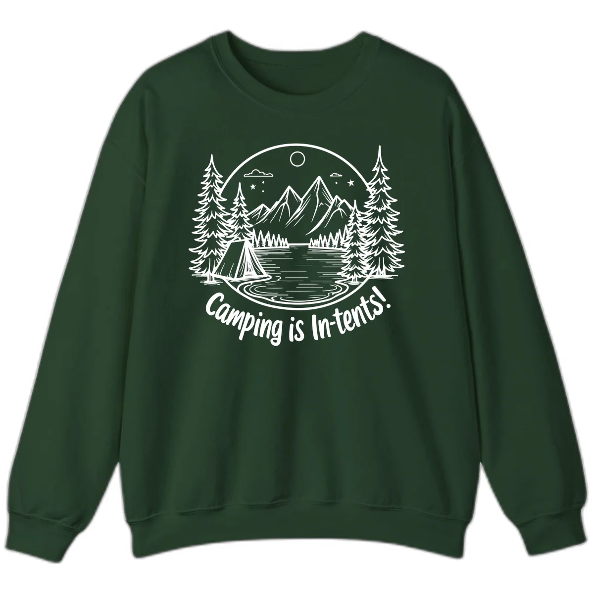 Camping is in-tents pun design: A circular badge with a tent by a lake surrounded by mountains, evergreens, and stars. in Forest Green
