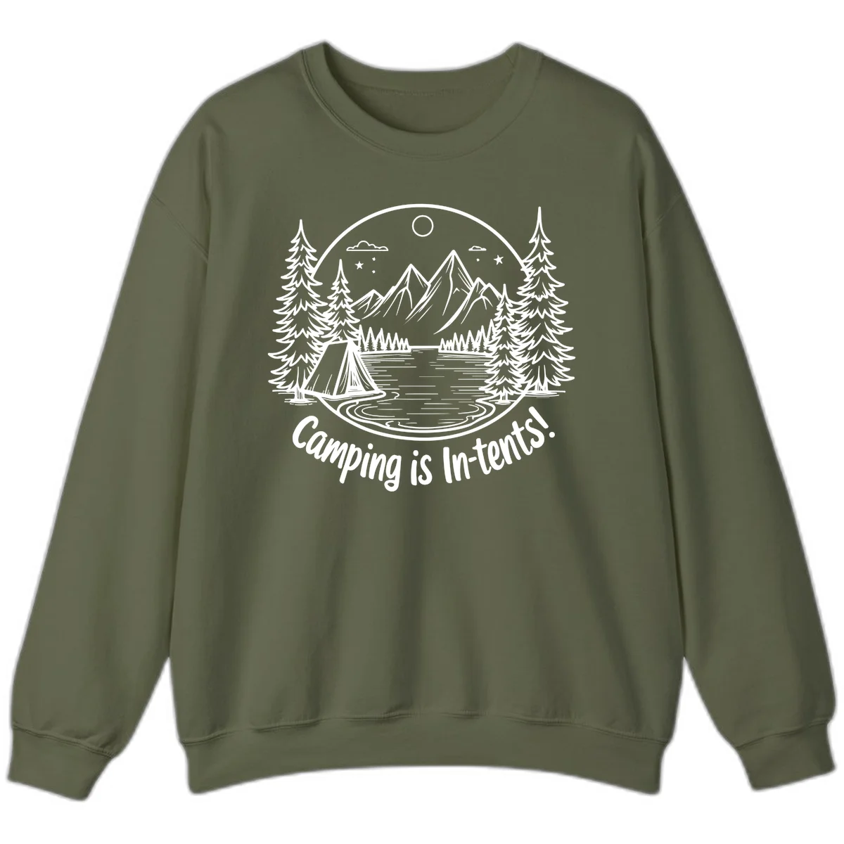 Camping is in-tents pun design: A circular badge with a tent by a lake surrounded by mountains, evergreens, and stars. in Military Green