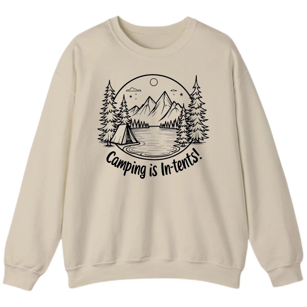 Camping is in-tents pun design: A circular badge with a tent by a lake surrounded by mountains, evergreens, and stars. in Sand