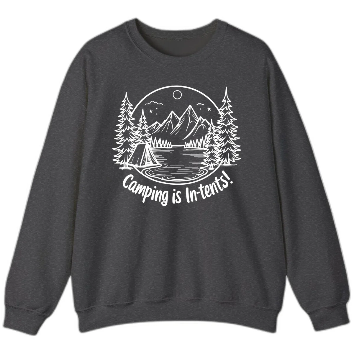 Camping is in-tents pun design: A circular badge with a tent by a lake surrounded by mountains, evergreens, and stars. in Dark Heather