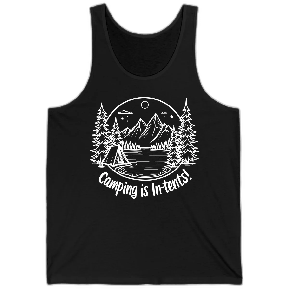 Camping is in-tents pun design: A circular badge with a tent by a lake surrounded by mountains, evergreens, and stars. in Black