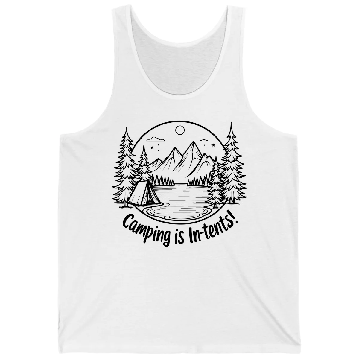 Camping is in-tents pun design: A circular badge with a tent by a lake surrounded by mountains, evergreens, and stars. in White