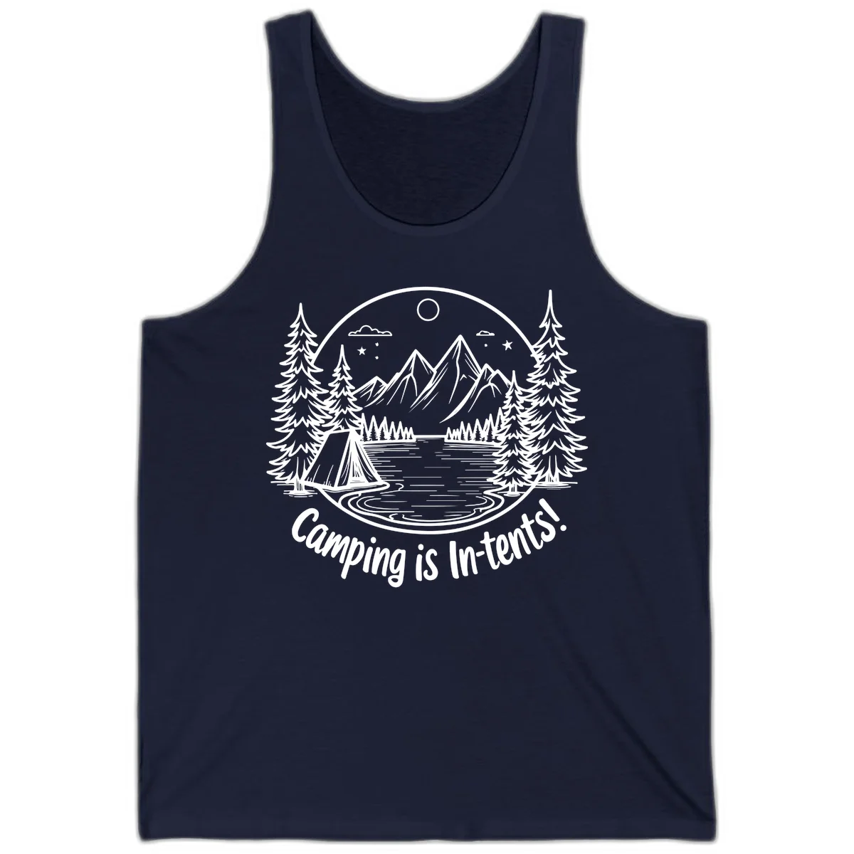 Camping is in-tents pun design: A circular badge with a tent by a lake surrounded by mountains, evergreens, and stars. in Navy