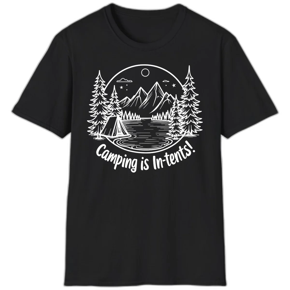 Camping is in-tents pun design: A circular badge with a tent by a lake surrounded by mountains, evergreens, and stars. in Black