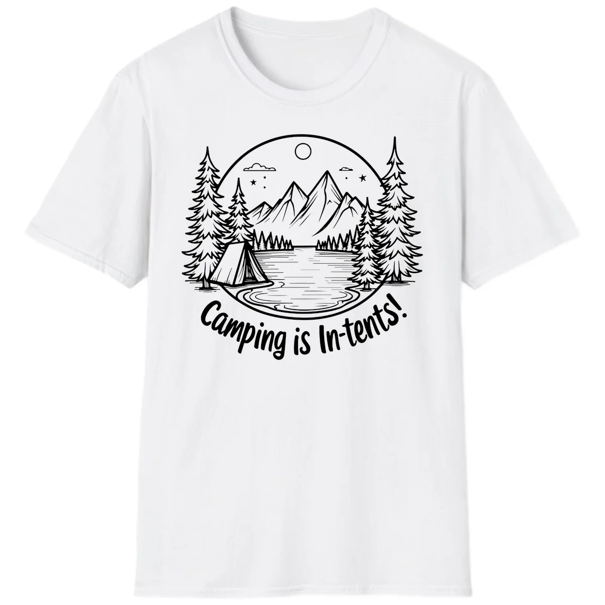 Camping is in-tents pun design: A circular badge with a tent by a lake surrounded by mountains, evergreens, and stars. in White