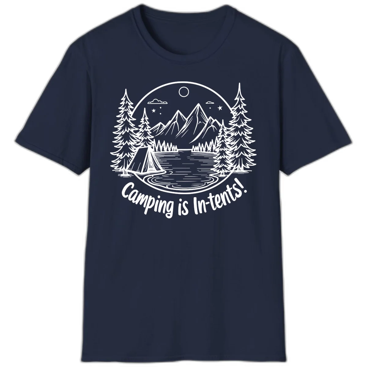 Camping is in-tents pun design: A circular badge with a tent by a lake surrounded by mountains, evergreens, and stars. in Navy