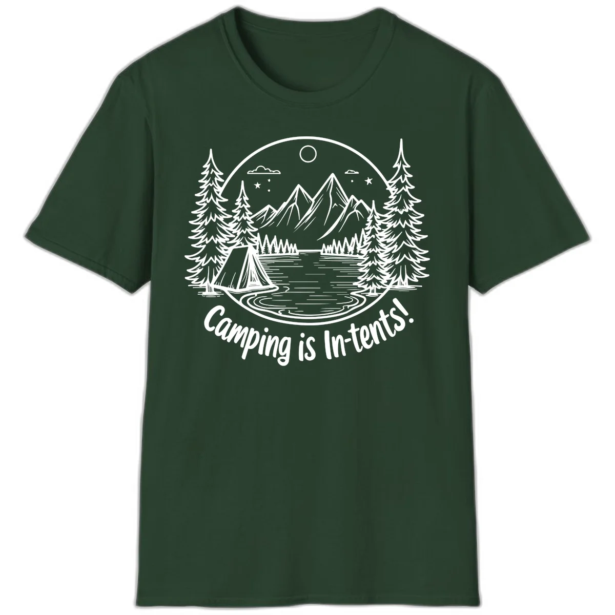 Camping is in-tents pun design: A circular badge with a tent by a lake surrounded by mountains, evergreens, and stars. in Forest Green