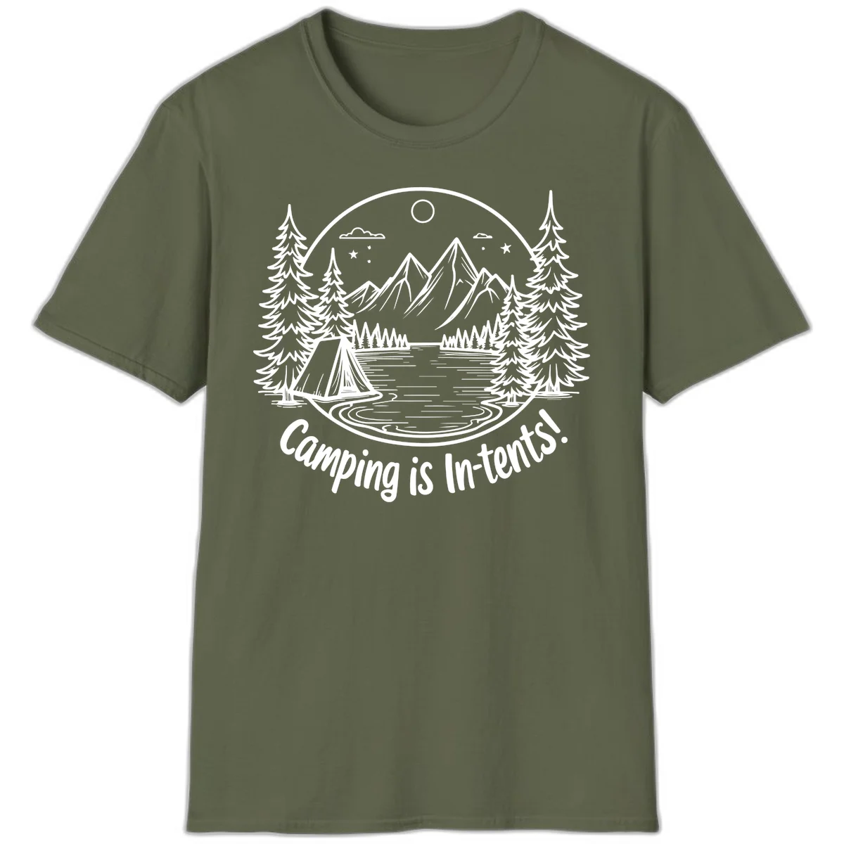 Camping is in-tents pun design: A circular badge with a tent by a lake surrounded by mountains, evergreens, and stars. in Military Green