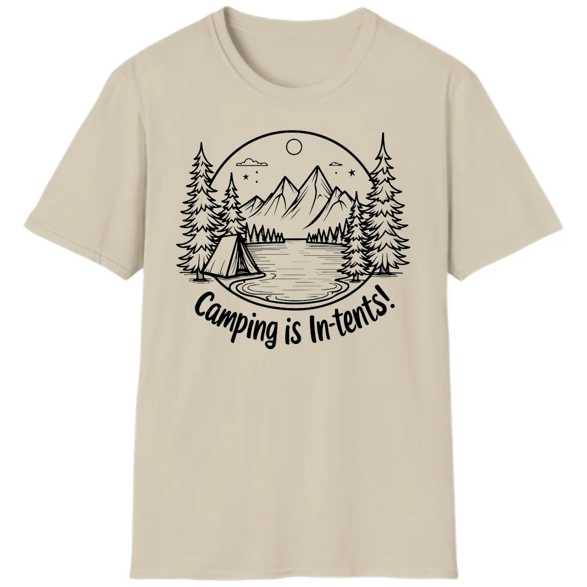 Camping is in-tents pun design: A circular badge with a tent by a lake surrounded by mountains, evergreens, and stars. in Sand