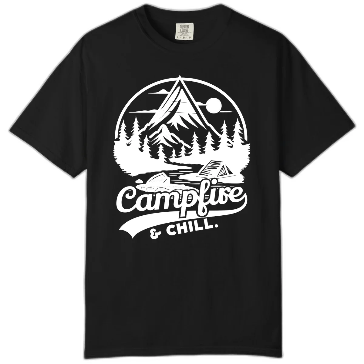 Circular mountain camping badge design featuring snow peak, forest, tent, and campfire with 'Campfire & Chill' text in Black