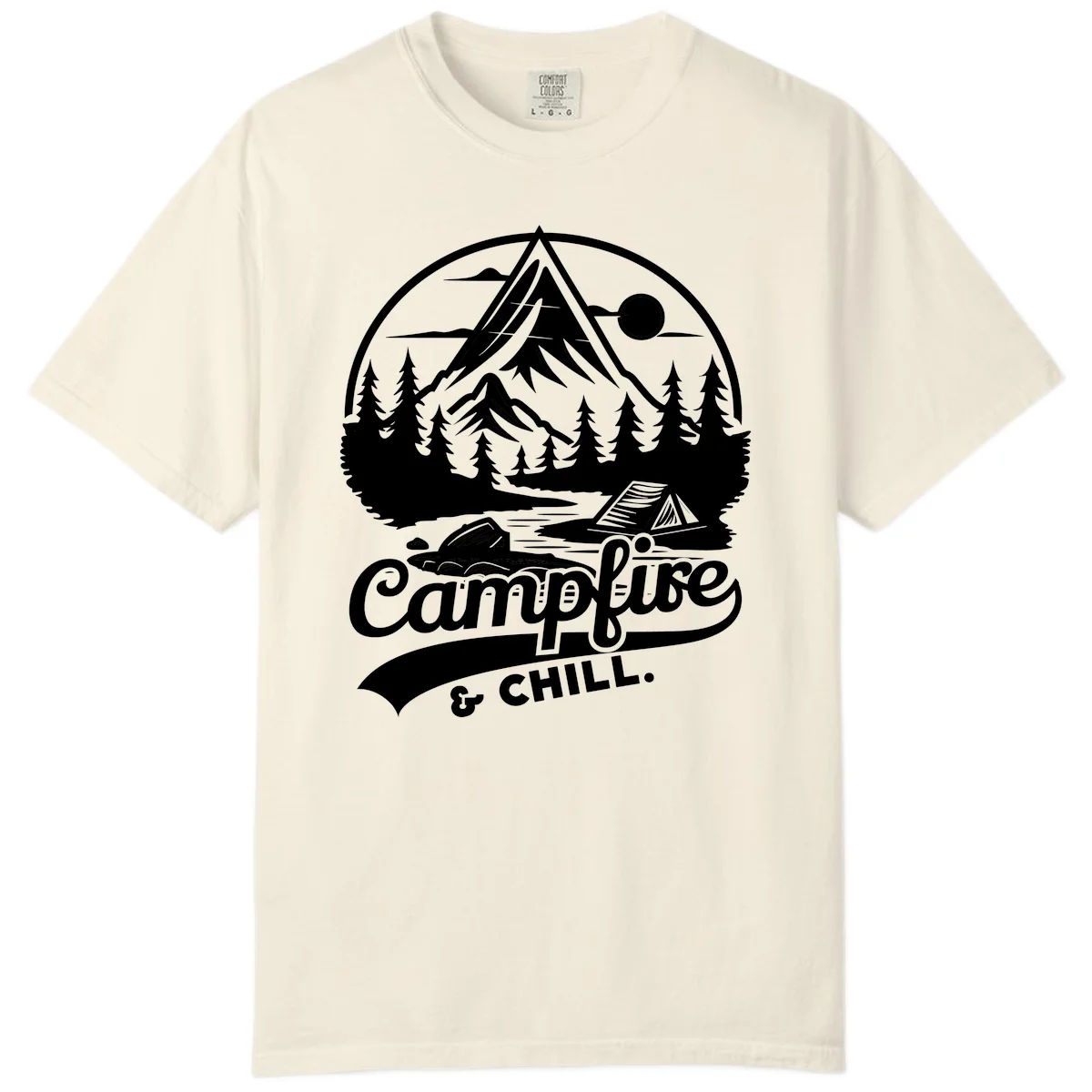 Circular mountain camping badge design featuring snow peak, forest, tent, and campfire with 'Campfire & Chill' text in Ivory