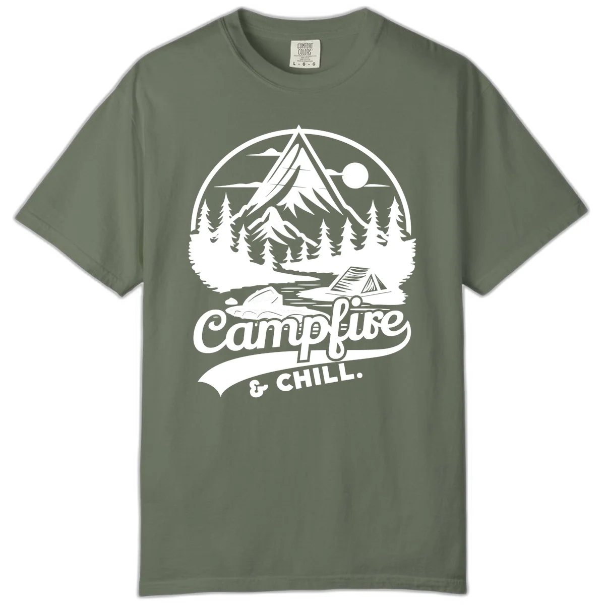 Circular mountain camping badge design featuring snow peak, forest, tent, and campfire with 'Campfire & Chill' text in Moss