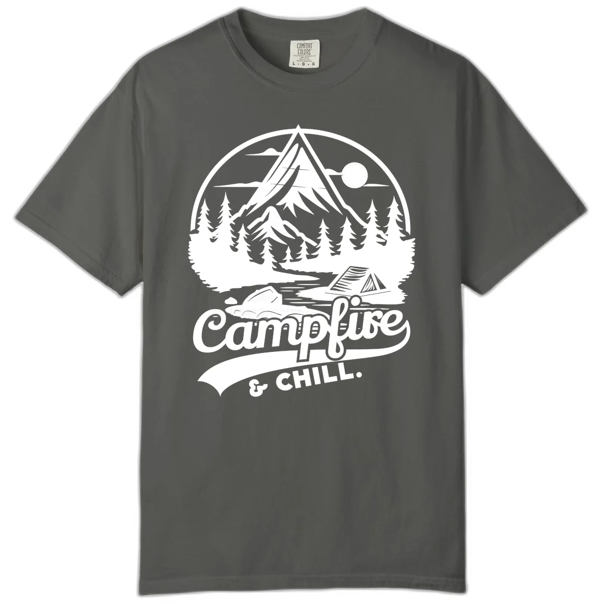 Circular mountain camping badge design featuring snow peak, forest, tent, and campfire with 'Campfire & Chill' text in Pepper