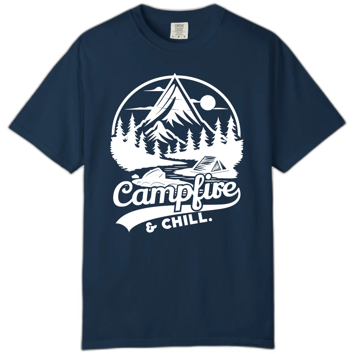 Circular mountain camping badge design featuring snow peak, forest, tent, and campfire with 'Campfire & Chill' text in True Navy