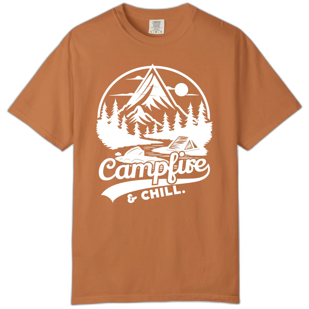 Circular mountain camping badge design featuring snow peak, forest, tent, and campfire with 'Campfire & Chill' text in Yam