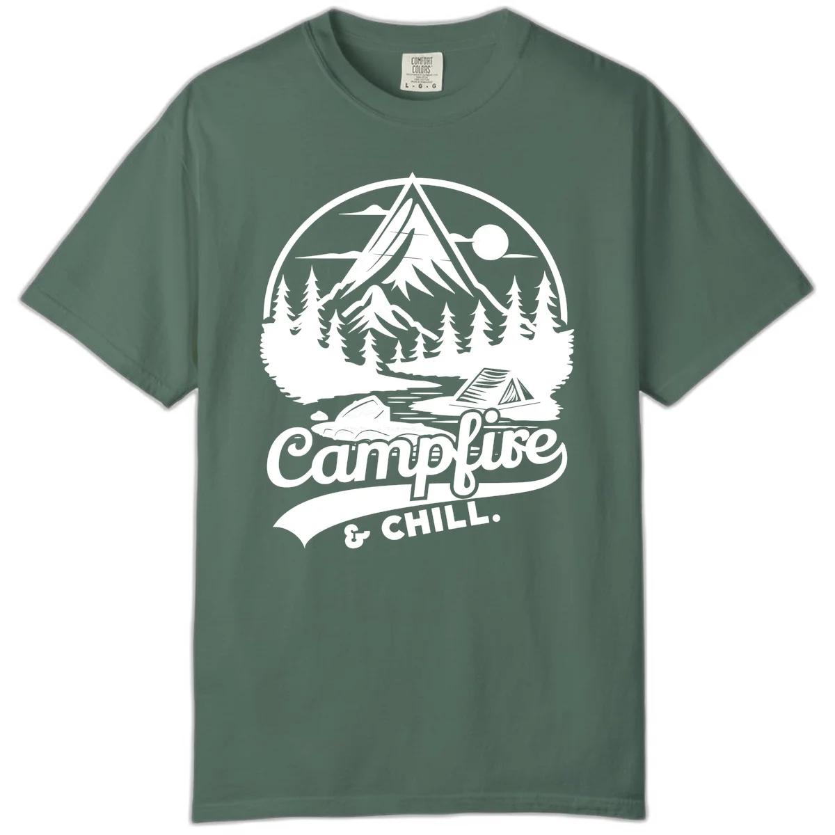 Circular mountain camping badge design featuring snow peak, forest, tent, and campfire with 'Campfire & Chill' text in Blue Spruce