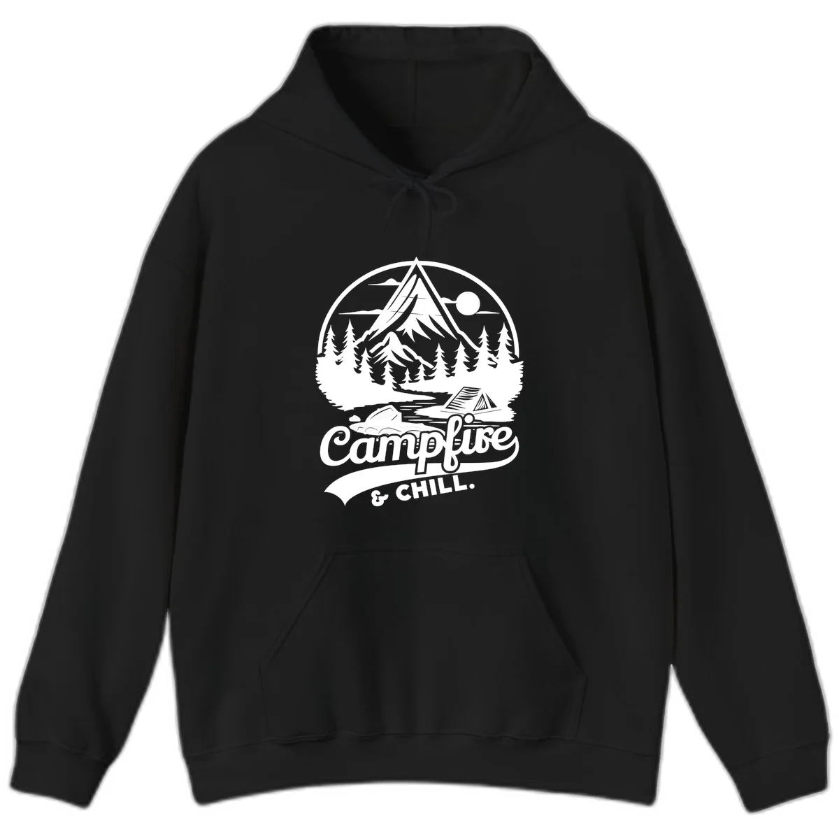 Circular mountain camping badge design featuring snow peak, forest, tent, and campfire with 'Campfire & Chill' text in Black