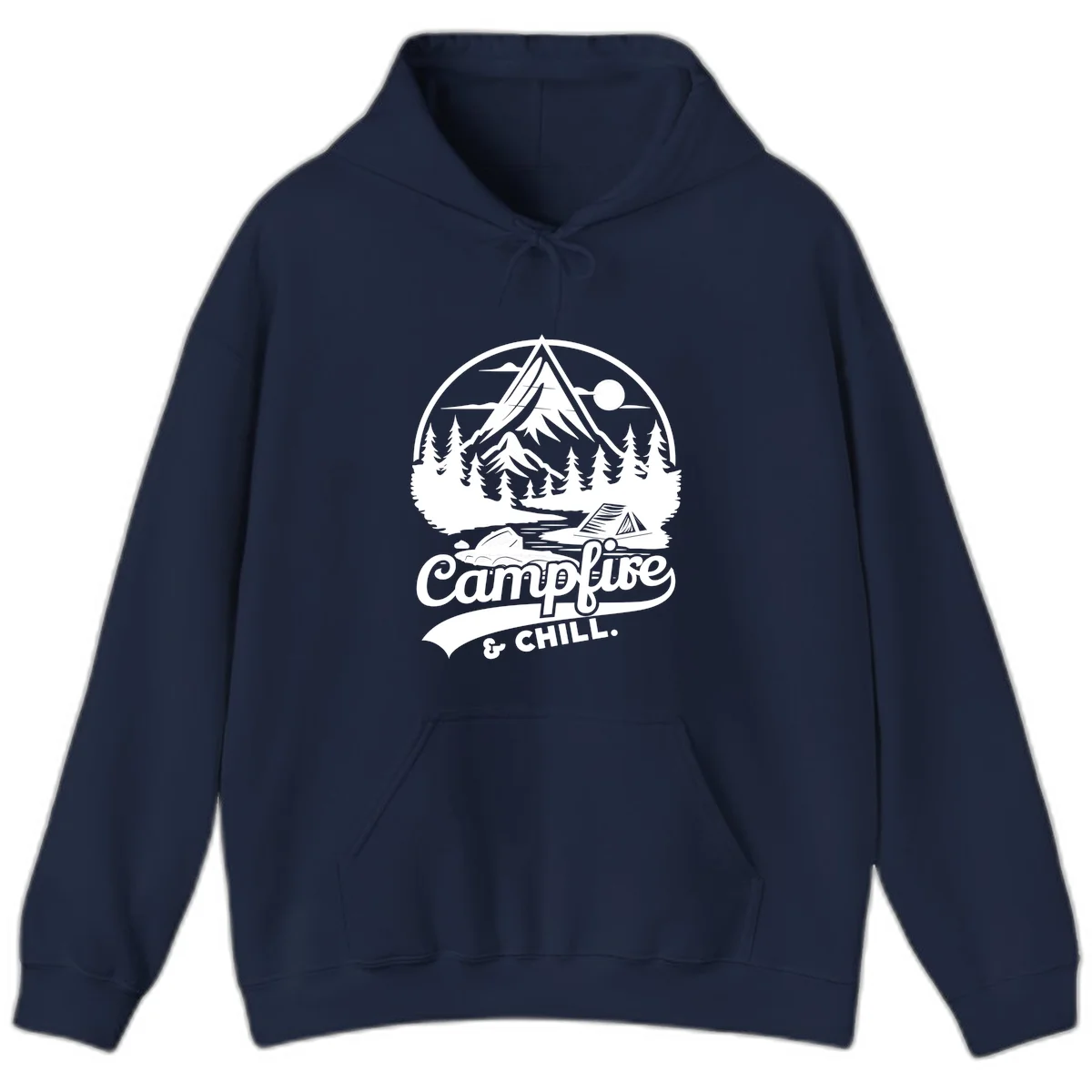 Circular mountain camping badge design featuring snow peak, forest, tent, and campfire with 'Campfire & Chill' text in Navy