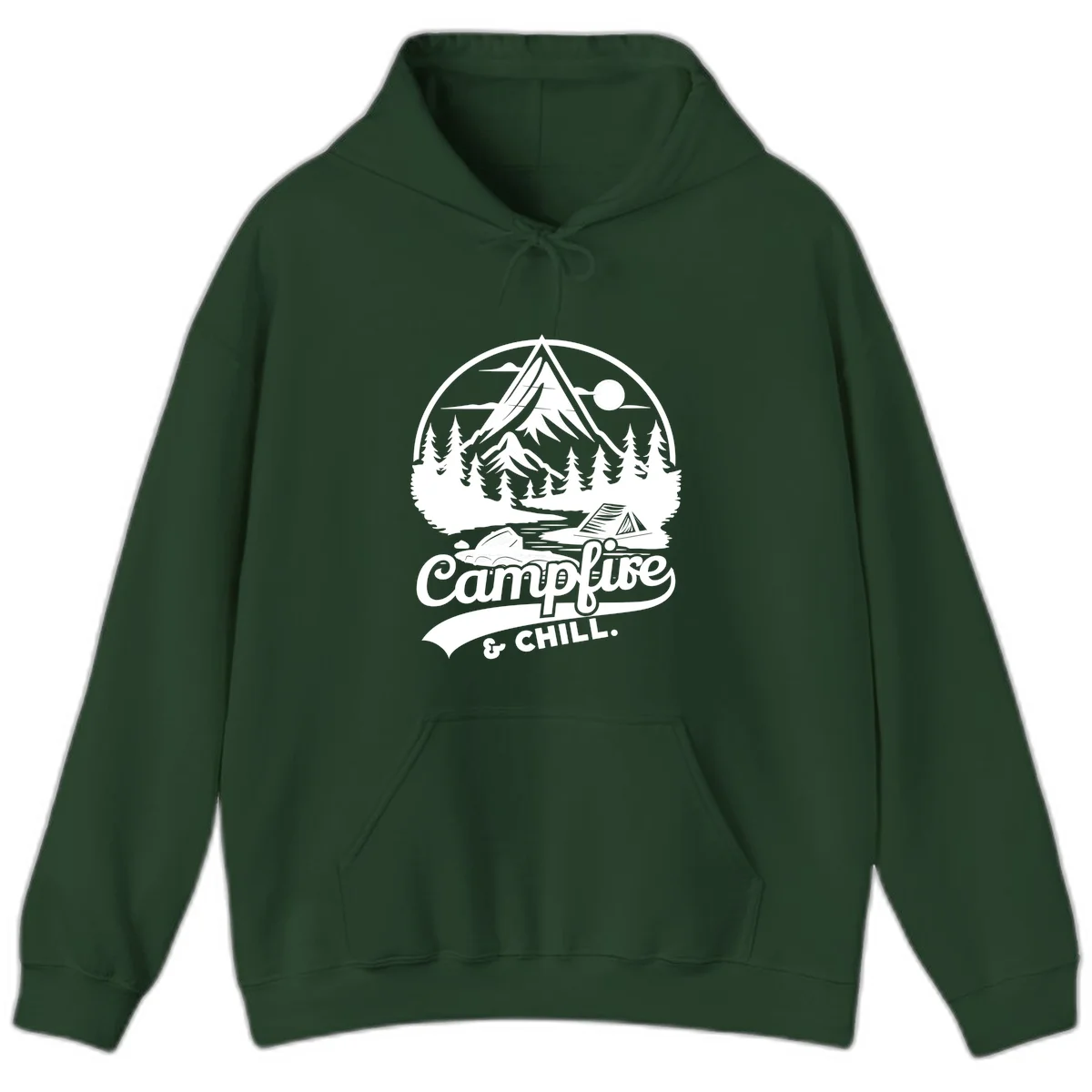 Circular mountain camping badge design featuring snow peak, forest, tent, and campfire with 'Campfire & Chill' text in Forest Green