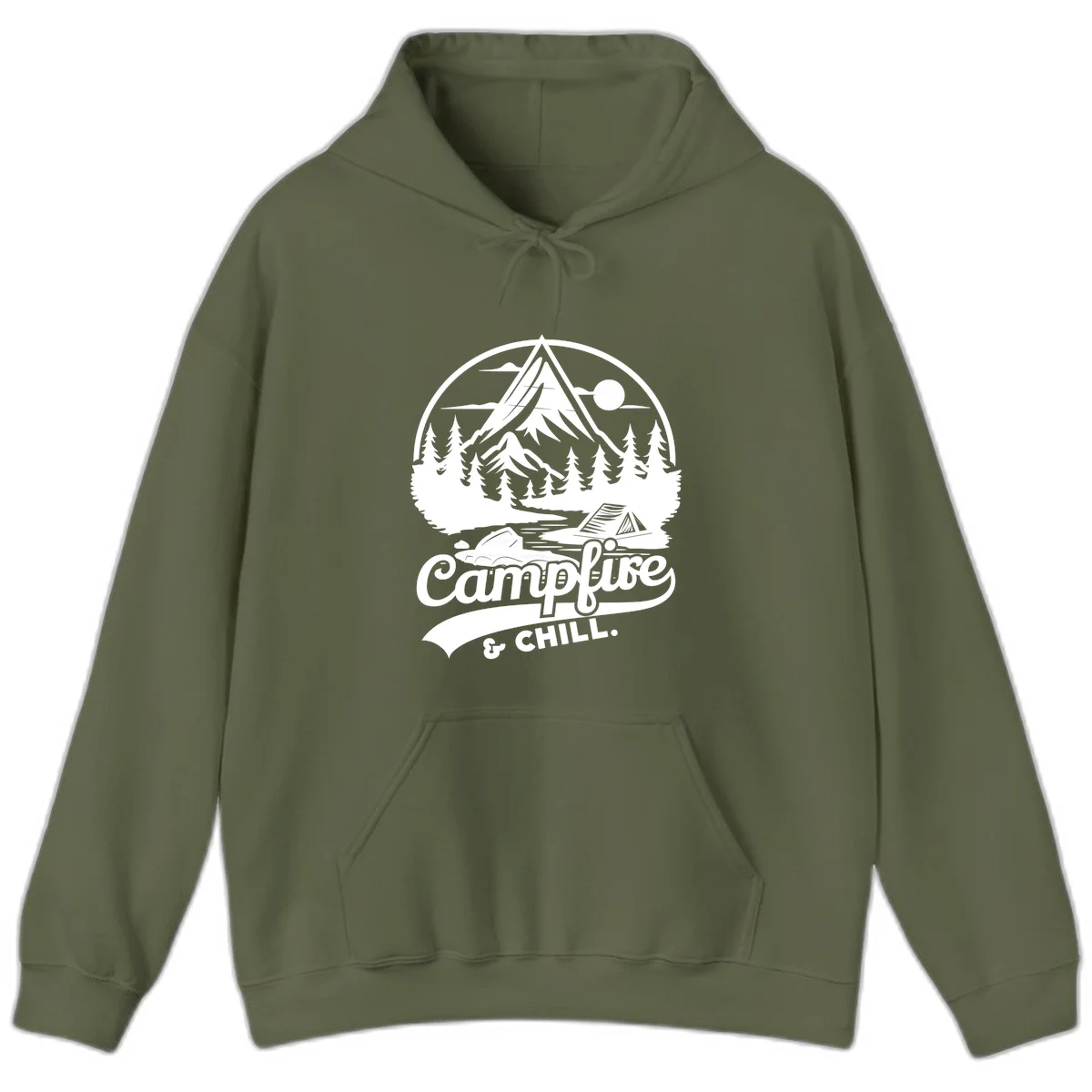 Circular mountain camping badge design featuring snow peak, forest, tent, and campfire with 'Campfire & Chill' text in Military Green