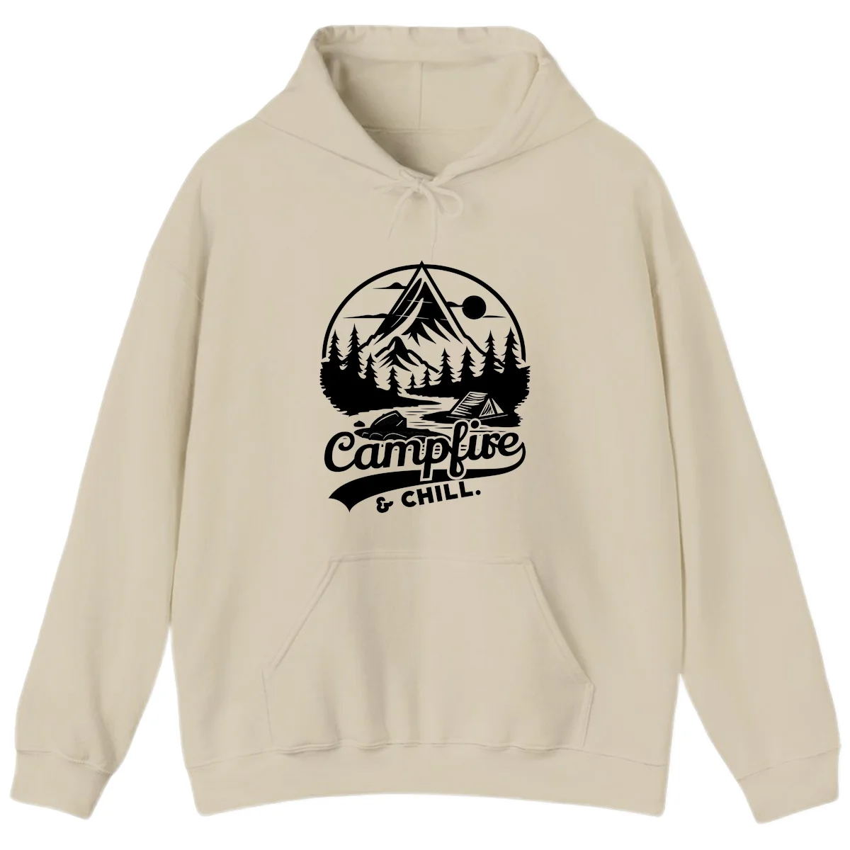 Circular mountain camping badge design featuring snow peak, forest, tent, and campfire with 'Campfire & Chill' text in Sand