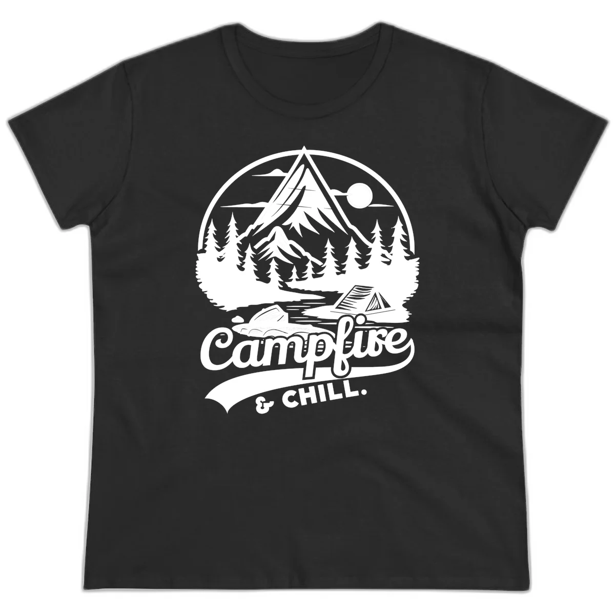 Circular mountain camping badge design featuring snow peak, forest, tent, and campfire with 'Campfire & Chill' text in Black