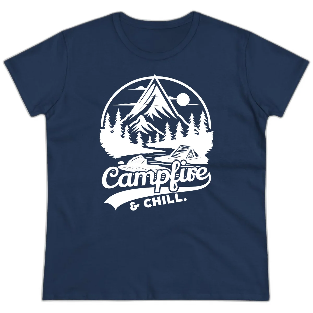 Circular mountain camping badge design featuring snow peak, forest, tent, and campfire with 'Campfire & Chill' text in Navy