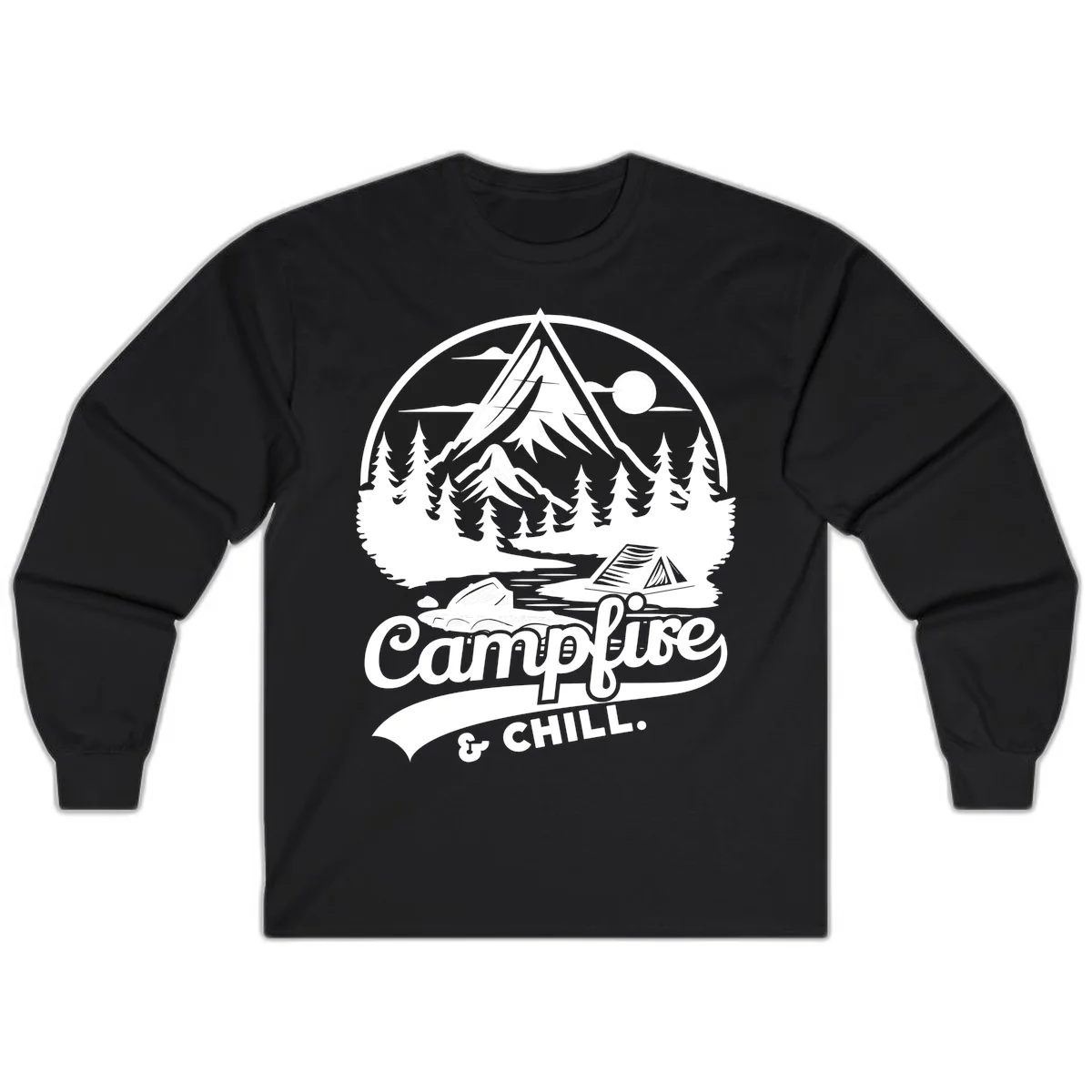 Circular mountain camping badge design featuring snow peak, forest, tent, and campfire with 'Campfire & Chill' text in Black