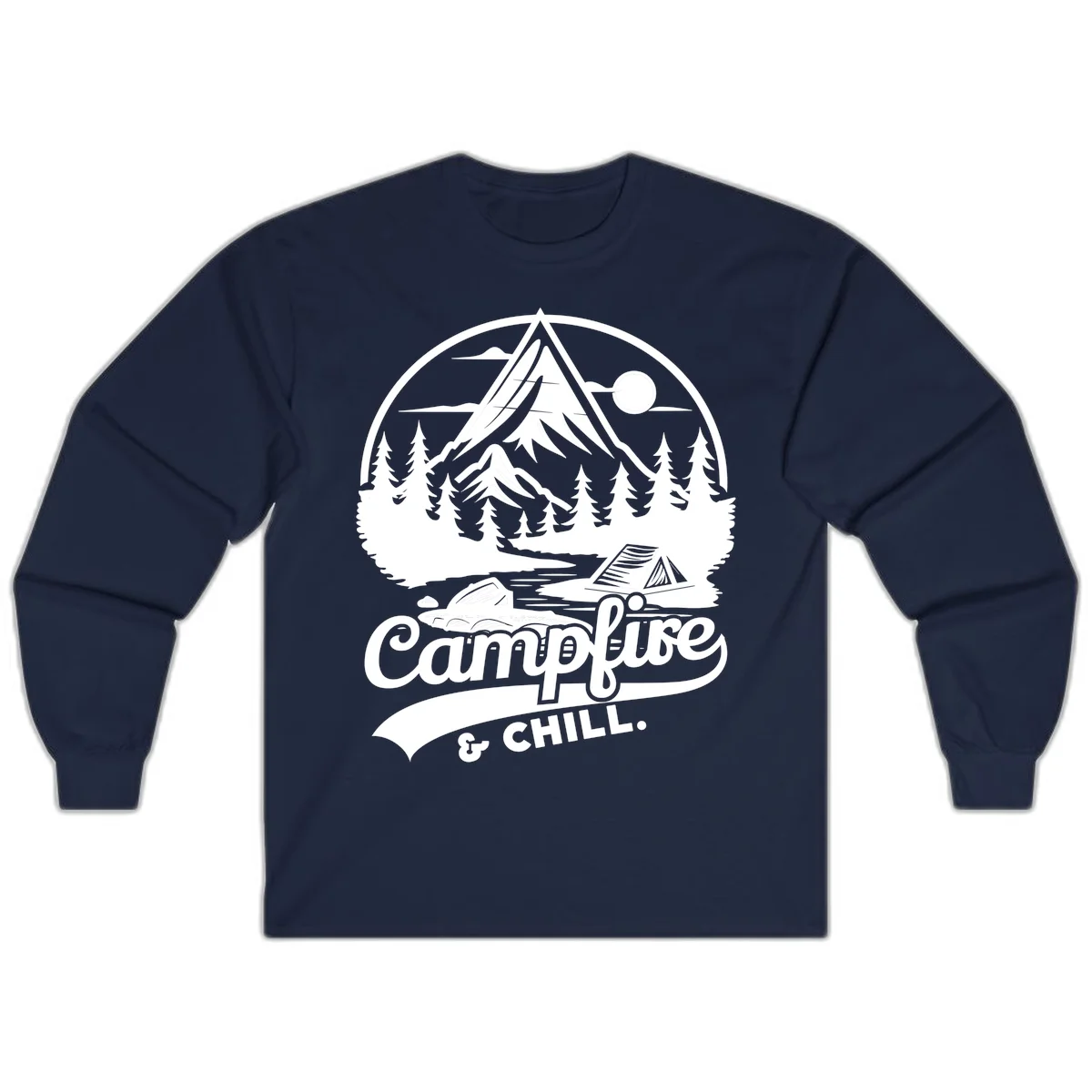 Circular mountain camping badge design featuring snow peak, forest, tent, and campfire with 'Campfire & Chill' text in Navy