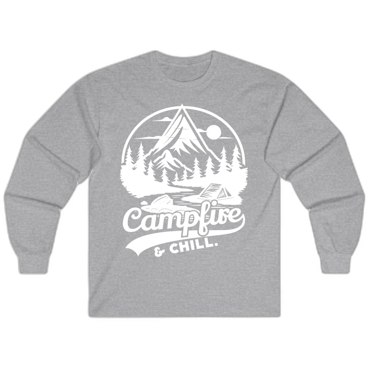 Circular mountain camping badge design featuring snow peak, forest, tent, and campfire with 'Campfire & Chill' text in Sport Grey