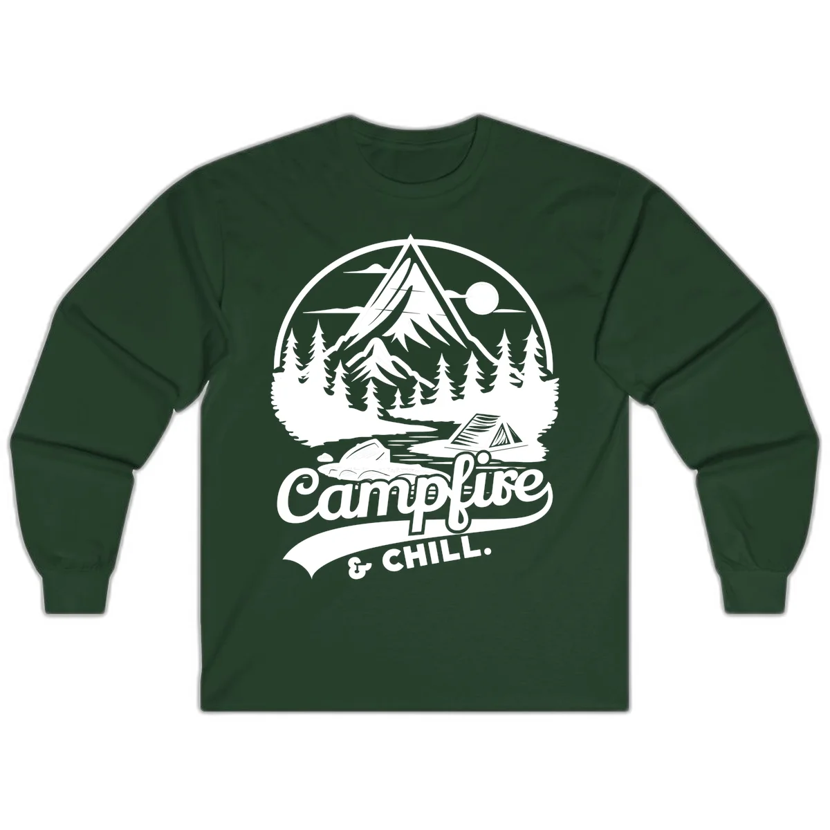 Circular mountain camping badge design featuring snow peak, forest, tent, and campfire with 'Campfire & Chill' text in Forest Green