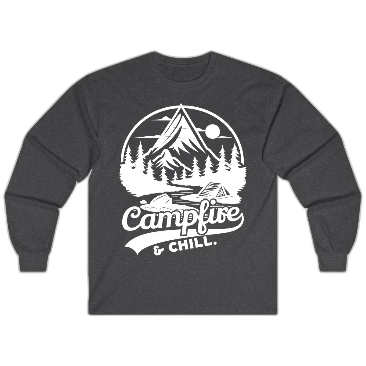 Circular mountain camping badge design featuring snow peak, forest, tent, and campfire with 'Campfire & Chill' text in Dark Heather