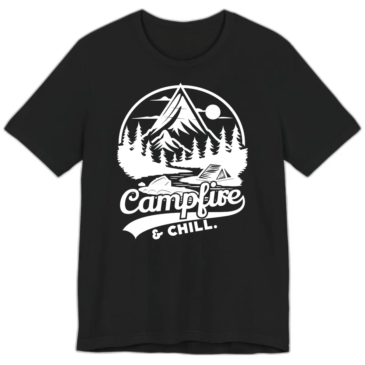 Circular mountain camping badge design featuring snow peak, forest, tent, and campfire with 'Campfire & Chill' text in Black